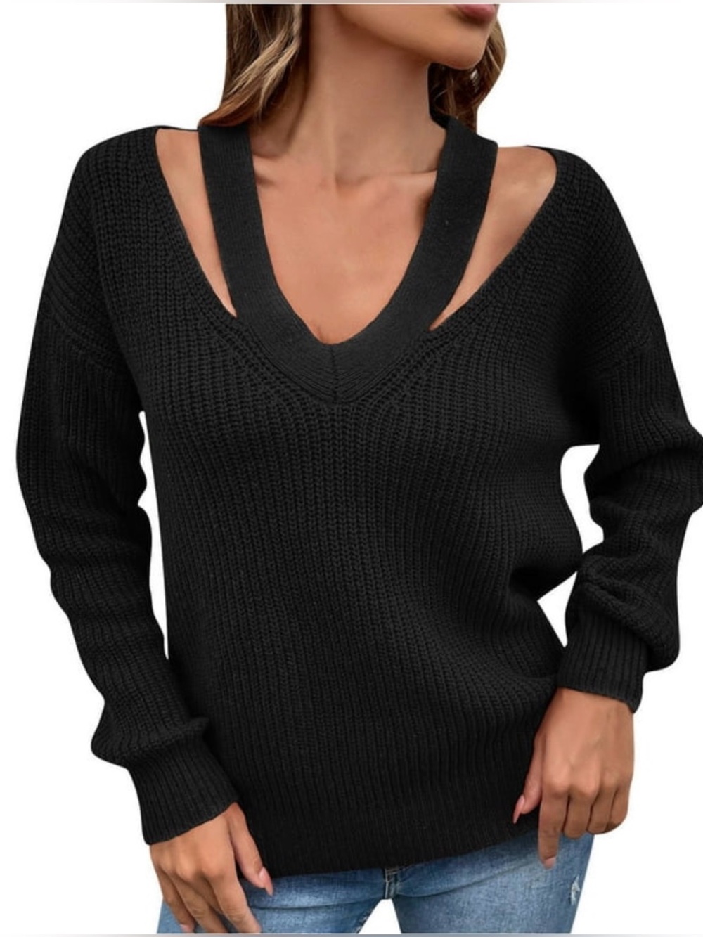 Pixley Black V-Neck Cutout Ribbed Sweater